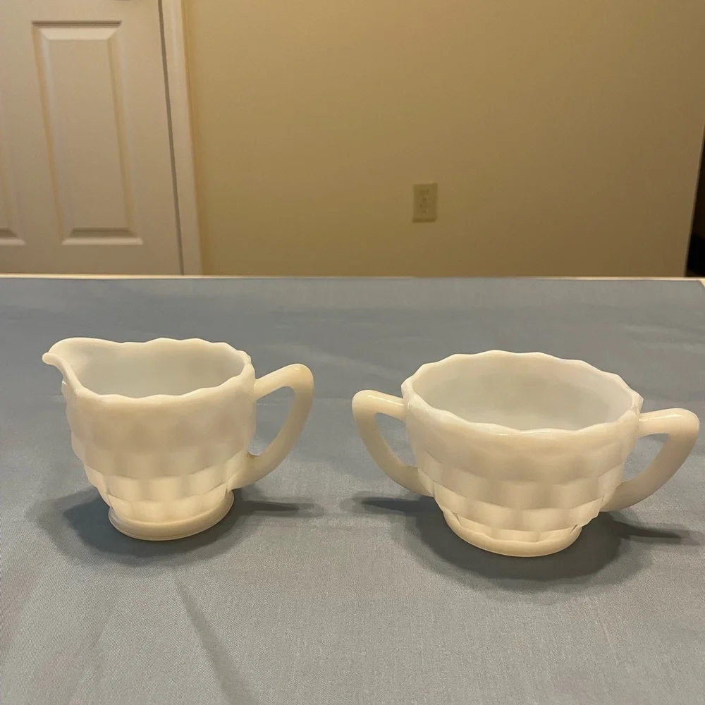 Vintage White Milk Glass Creamer and Open Sugar Bowl Set Cube or Cubist Pattern